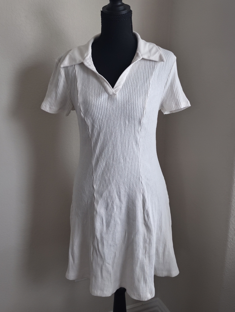 H&M Off White Ribbed Knit Polo Dress